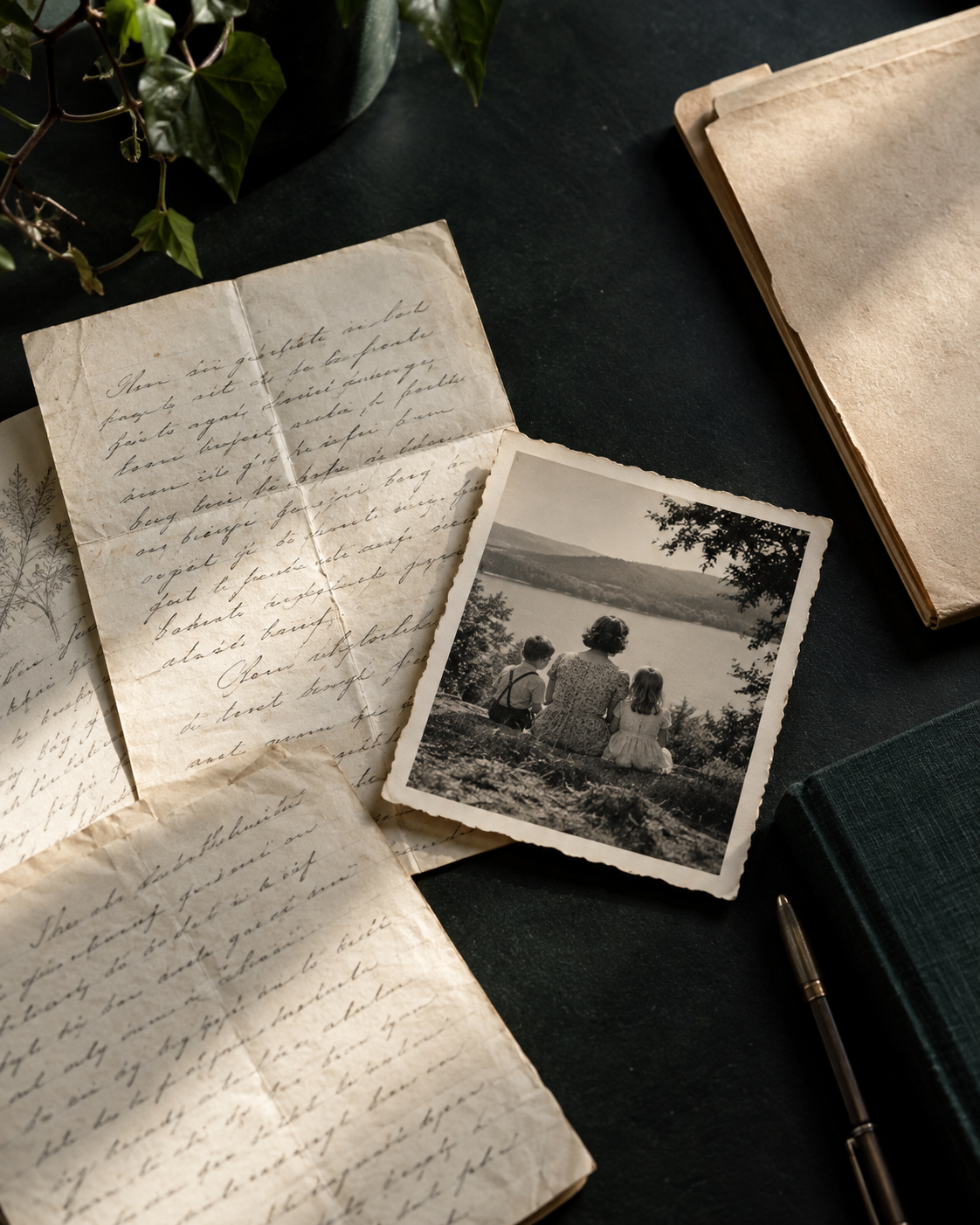 Ilustracyjna kompozycja dawnych listów, fotografii rodzinnej i teczki archiwalnej na ciemnym stole.